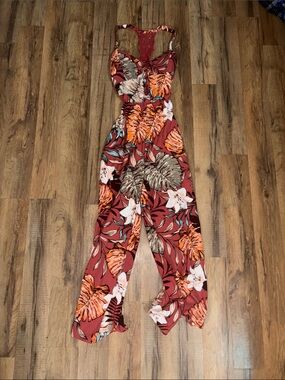 No Boundaries Rust Tropical Floral Jumpsuit with Lace Racerback